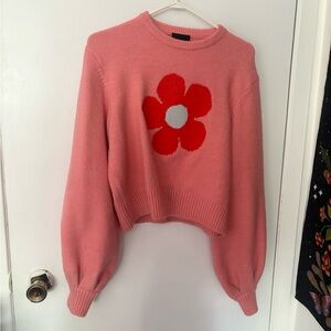 Lazy Oaf pink balloon sleeve sweater with red flower motif